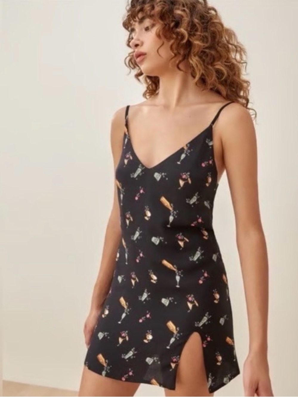 Reformation Black Marlow Mini Slip Dress w/ Multicolor Cocktail Champagne Print